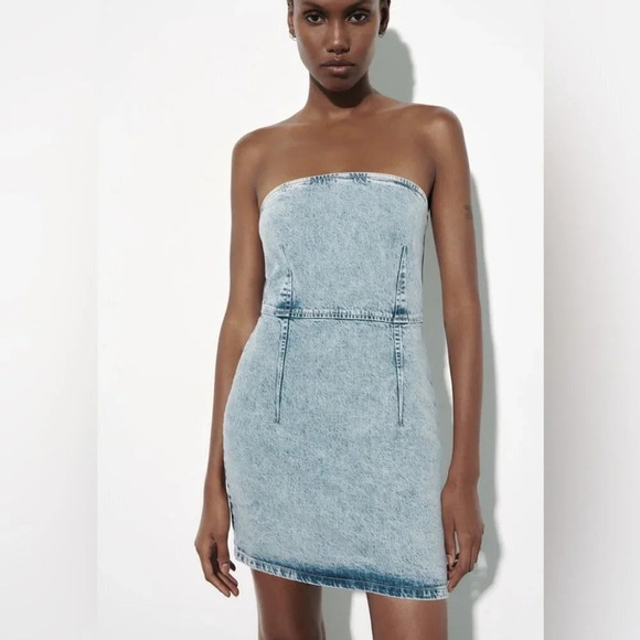 Zara Denim Strapless 1975 Mini Dress Light Washed Blue NWT Size Small - Picture 1 of 9